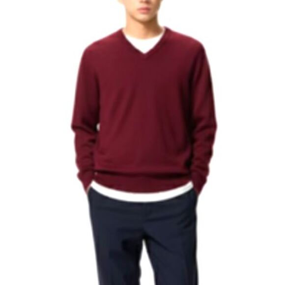 Uniqlo NWOT Wine Red Extra Fine Merino Wool V-Neck Long Sleeve Sweater Size L - Picture 1 of 10